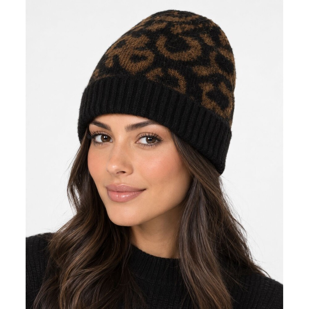 Aqua Women's Animal Print Beanie Wool Blend Soft Warm Cozy Black Brown One Size